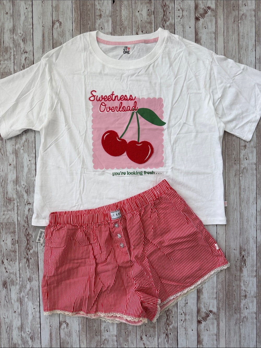 JT One Cherry Pajama Set Sweetness Overload sz Medium White Red Lace Striped - Picture 2 of 14